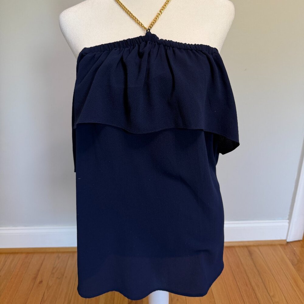 Michael Kors Navy Cold Shoulder Top With Gold Chain Detail - Size Small